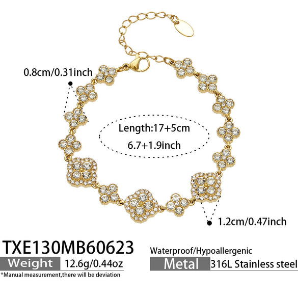 Unisex Stainless Steel 18K Gold Plated Four Leaf Flower Rhinestone Jewelry Set Necklace Earrings Bracelet Ring