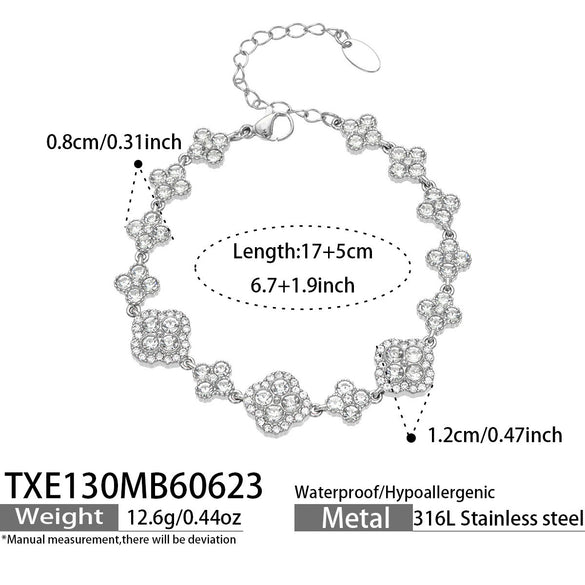 Unisex Stainless Steel 18K Gold Plated Four Leaf Flower Rhinestone Jewelry Set Necklace Earrings Bracelet Ring