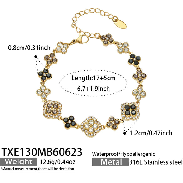 Unisex Stainless Steel 18K Gold Plated Four Leaf Flower Rhinestone Jewelry Set Necklace Earrings Bracelet Ring