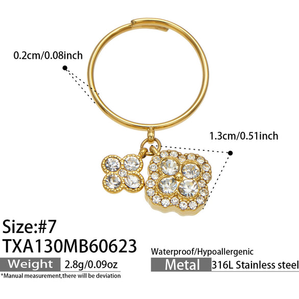 Unisex Stainless Steel 18K Gold Plated Four Leaf Flower Rhinestone Jewelry Set Necklace Earrings Bracelet Ring