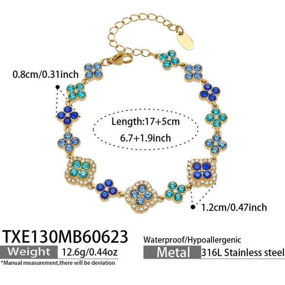 Unisex Stainless Steel 18K Gold Plated Four Leaf Flower Rhinestone Jewelry Set Necklace Earrings Bracelet Ring