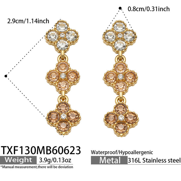 Unisex Stainless Steel 18K Gold Plated Four Leaf Flower Rhinestone Jewelry Set Necklace Earrings Bracelet Ring