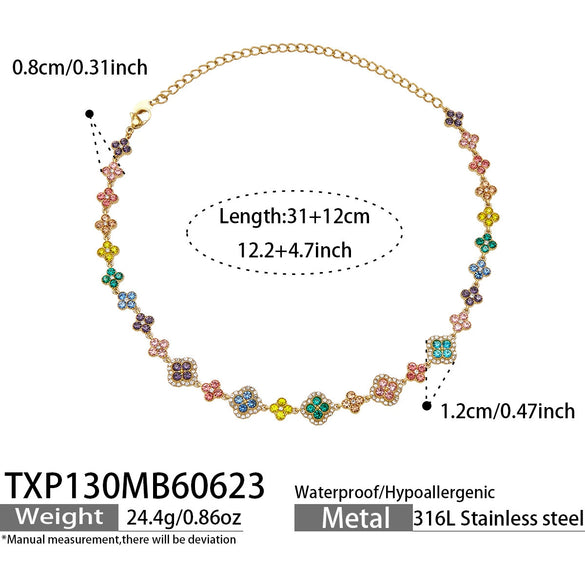 Unisex Stainless Steel 18K Gold Plated Four Leaf Flower Rhinestone Jewelry Set Necklace Earrings Bracelet Ring