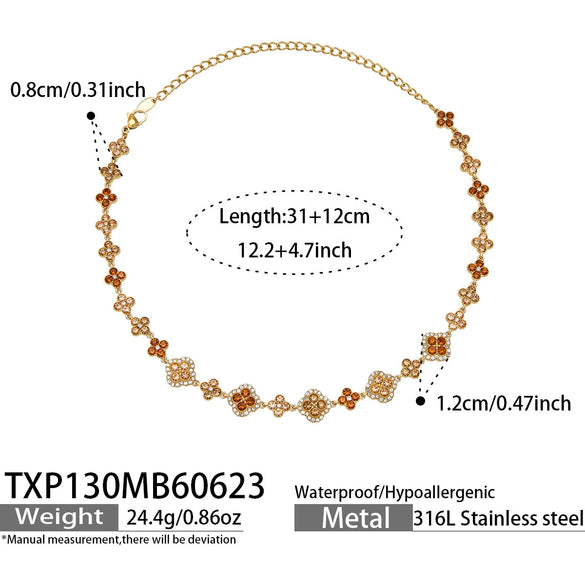 Unisex Stainless Steel 18K Gold Plated Four Leaf Flower Rhinestone Jewelry Set Necklace Earrings Bracelet Ring