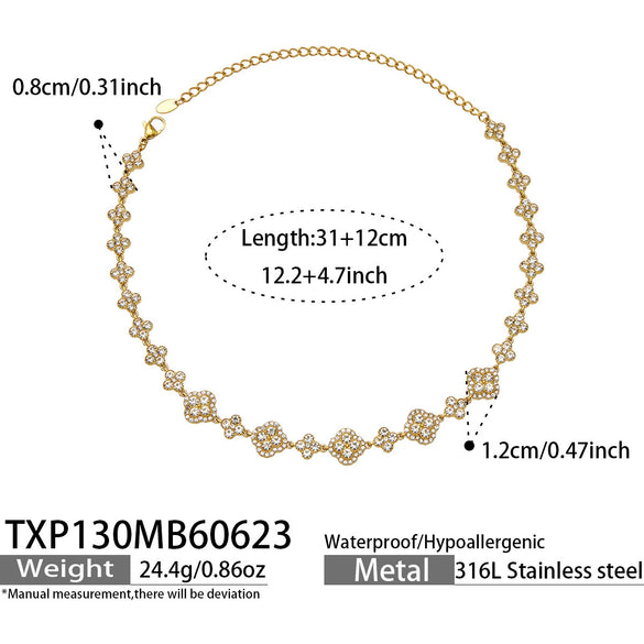 Unisex Stainless Steel 18K Gold Plated Four Leaf Flower Rhinestone Jewelry Set Necklace Earrings Bracelet Ring