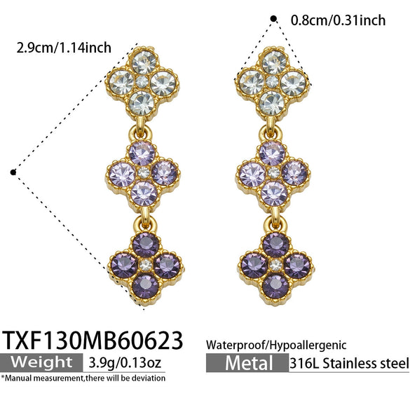 Unisex Stainless Steel 18K Gold Plated Four Leaf Flower Rhinestone Jewelry Set Necklace Earrings Bracelet Ring