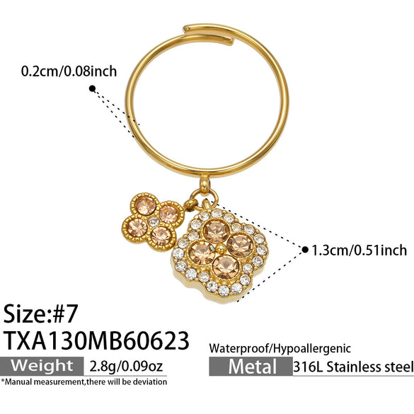Unisex Stainless Steel 18K Gold Plated Four Leaf Flower Rhinestone Jewelry Set Necklace Earrings Bracelet Ring