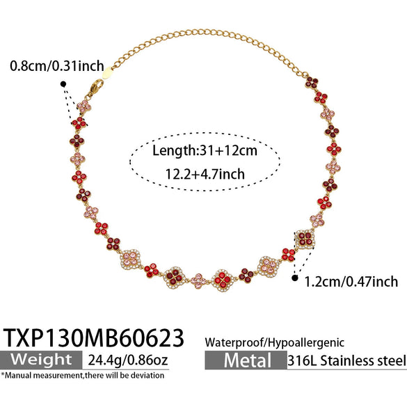 Unisex Stainless Steel 18K Gold Plated Four Leaf Flower Rhinestone Jewelry Set Necklace Earrings Bracelet Ring