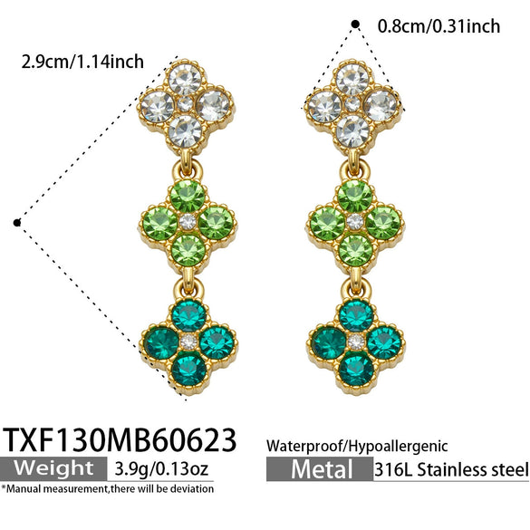 Unisex Stainless Steel 18K Gold Plated Four Leaf Flower Rhinestone Jewelry Set Necklace Earrings Bracelet Ring