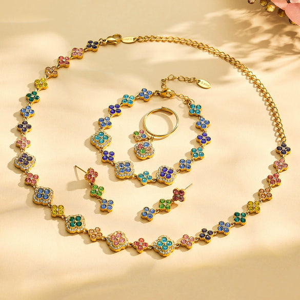 Unisex Stainless Steel 18K Gold Plated Four Leaf Flower Rhinestone Jewelry Set Necklace Earrings Bracelet Ring