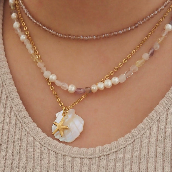 Unisex Starfish And Conch Shell Necklace With Mixed Gem Inlay Stainless Steel Electroplated 18K Gold Color