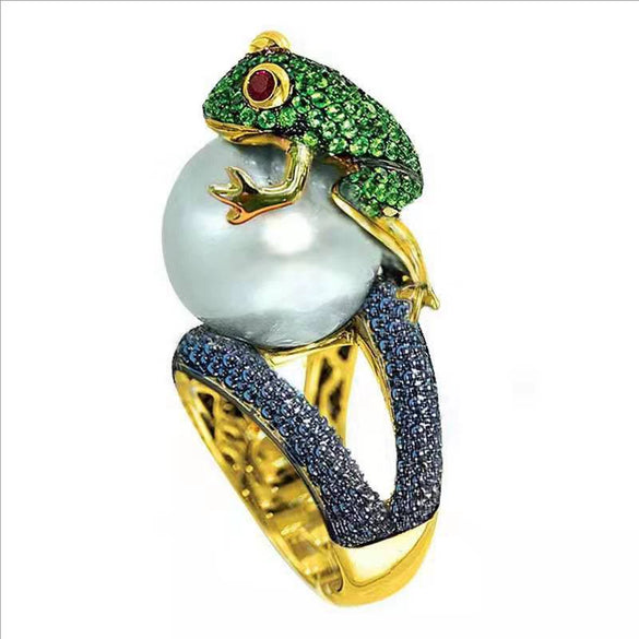 Unisex Sweet Cool Style Metal Frog Hug White Pearl Ring With Geometric Design And Electroplated Finish