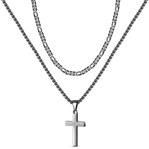 Unisex Titanium Steel Cross Double Layer Stacked Necklace With Twist Chain Electroplated Stainless Steel Pendant