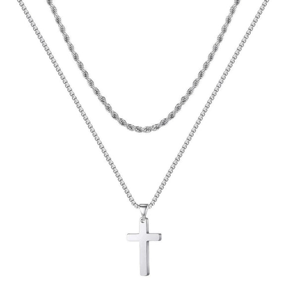 Unisex Titanium Steel Cross Double Layer Stacked Necklace With Twist Chain Electroplated Stainless Steel Pendant