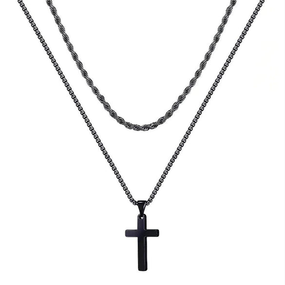 Unisex Titanium Steel Cross Double Layer Stacked Necklace With Twist Chain Electroplated Stainless Steel Pendant