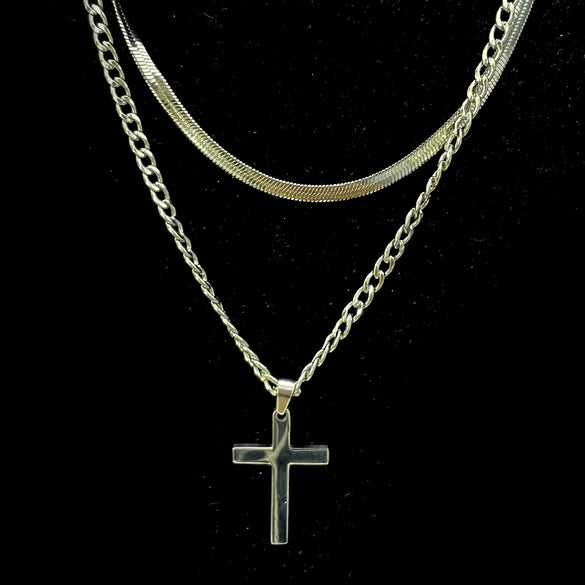 Unisex Titanium Steel Cross Double Layer Stacked Necklace With Twist Chain Electroplated Stainless Steel Pendant
