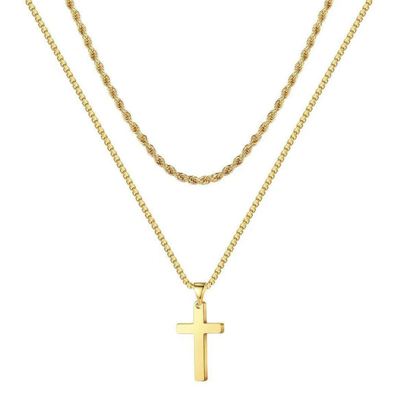 Unisex Titanium Steel Cross Double Layer Stacked Necklace With Twist Chain Electroplated Stainless Steel Pendant