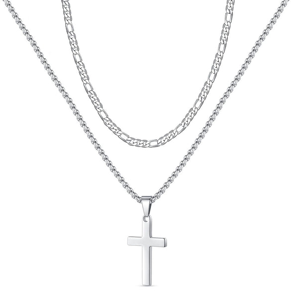 Unisex Titanium Steel Cross Double Layer Stacked Necklace With Twist Chain Electroplated Stainless Steel Pendant