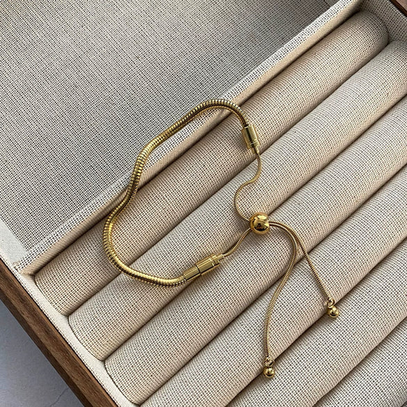 Unisex Titanium Steel Geometric Beaded Snake Bone Chain Bracelet With Real Gold Plating