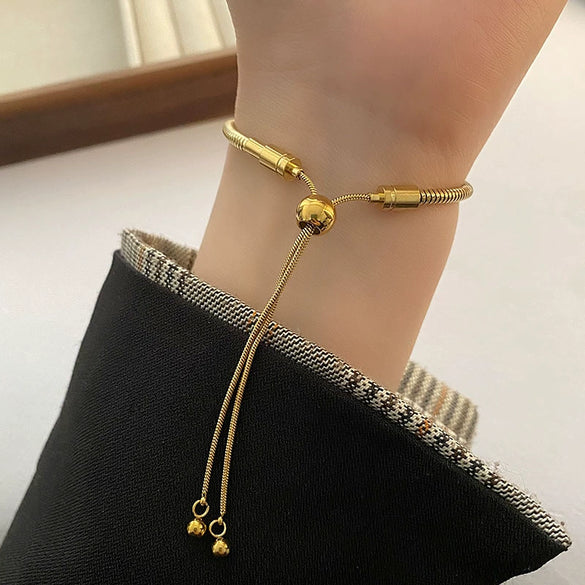 Unisex Titanium Steel Geometric Beaded Snake Bone Chain Bracelet With Real Gold Plating