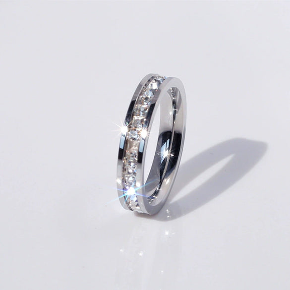 Unisex Titanium Steel Geometric Square Crystal Inlaid Ring In Gold Rose Gold Black And White With Full Pavé Style