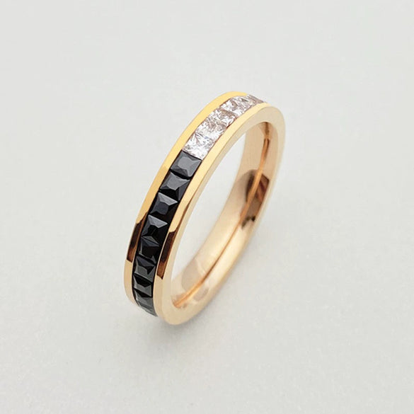 Unisex Titanium Steel Geometric Square Crystal Inlaid Ring In Gold Rose Gold Black And White With Full Pavé Style
