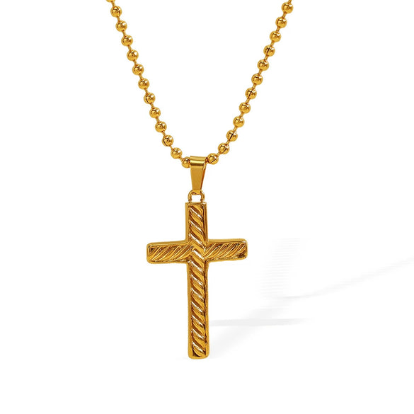 Unisex 316L Stainless Steel 18K Gold Plated Embossed Cross Pendant Necklace