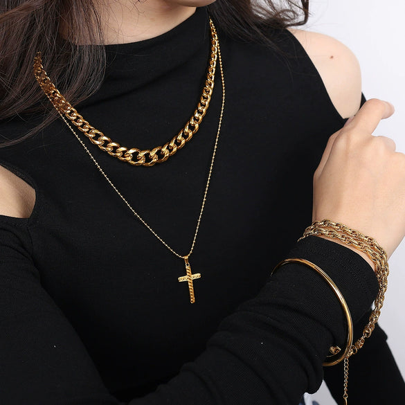 Unisex 316L Stainless Steel 18K Gold Plated Embossed Cross Pendant Necklace