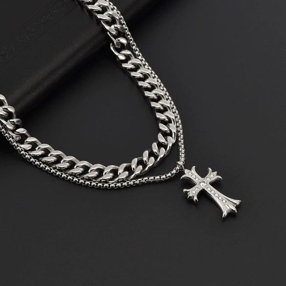 Unisex Titanium Steel Necklace With Geometric Cross Pendant Polished Stainless Steel Chain And Casual Hiphop Style