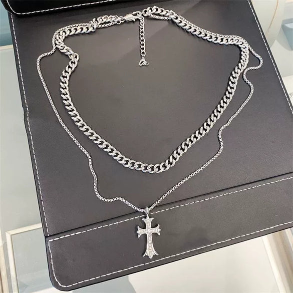 Unisex Titanium Steel Necklace With Geometric Cross Pendant Polished Stainless Steel Chain And Casual Hiphop Style