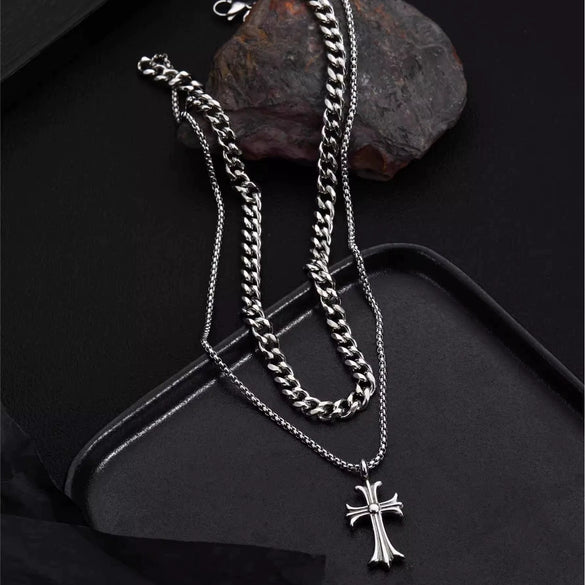 Unisex Titanium Steel Necklace With Geometric Cross Pendant Polished Stainless Steel Chain And Casual Hiphop Style