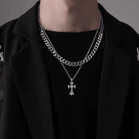 Unisex Titanium Steel Necklace With Geometric Cross Pendant Polished Stainless Steel Chain And Casual Hiphop Style