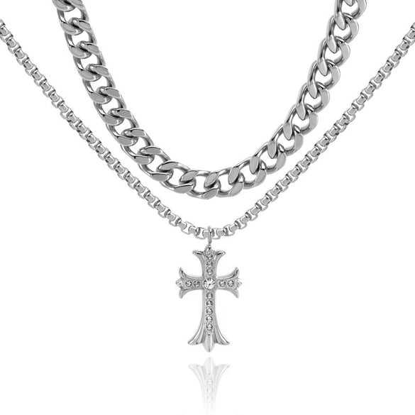 Unisex Titanium Steel Necklace With Geometric Cross Pendant Polished Stainless Steel Chain And Casual Hiphop Style