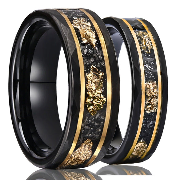 Unisex Tungsten Couple Rings With Flat Hammered Texture Electroblackened Finish Meteorite Inlay And Goldplated Platinum Accents