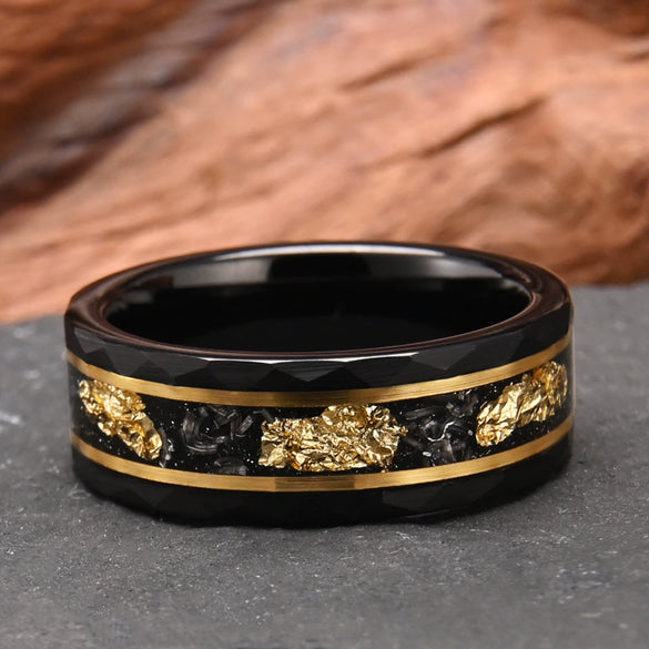Unisex Tungsten Couple Rings With Flat Hammered Texture Electroblackened Finish Meteorite Inlay And Goldplated Platinum Accents