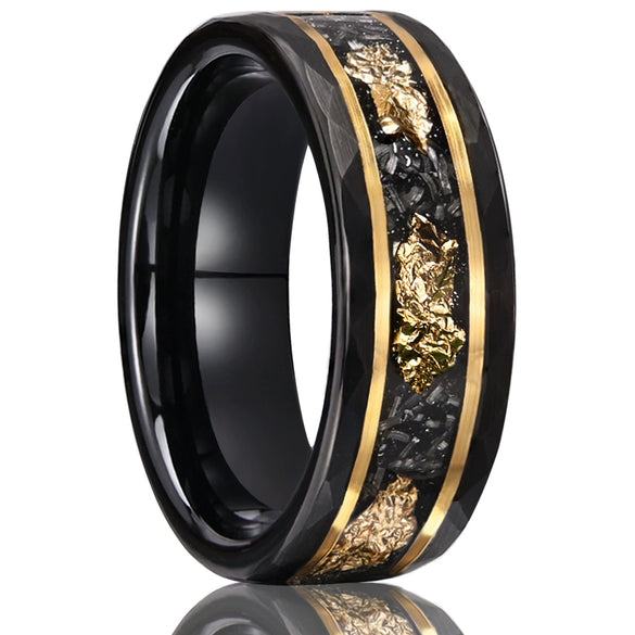 Unisex Tungsten Couple Rings With Flat Hammered Texture Electroblackened Finish Meteorite Inlay And Goldplated Platinum Accents