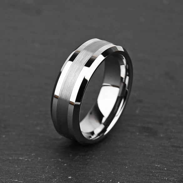 Unisex Tungsten Steel Couple Rings With Flat Chamfered Design And Sand Textured Center Real Gold Plated Geometric Wholesale Jewelry
