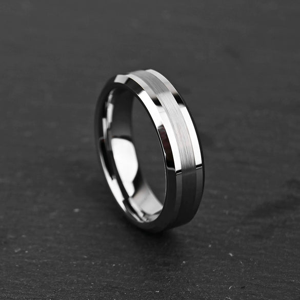 Unisex Tungsten Steel Couple Rings With Flat Chamfered Design And Sand Textured Center Real Gold Plated Geometric Wholesale Jewelry