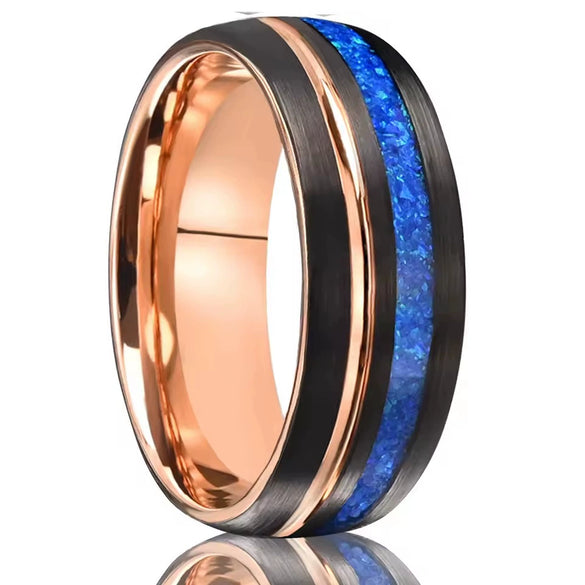 Unisex Tungsten Steel Curved Ring With Sandtextured Surface Twotone Black And Rose Finish And Blue Opal Detail