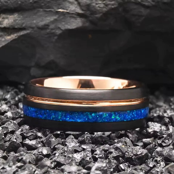 Unisex Tungsten Steel Curved Ring With Sandtextured Surface Twotone Black And Rose Finish And Blue Opal Detail