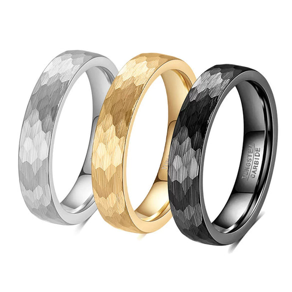 Unisex Tungsten Steel Ring With Faceted Geometric Fish Scale Hammered Pattern And Electroplated Finish