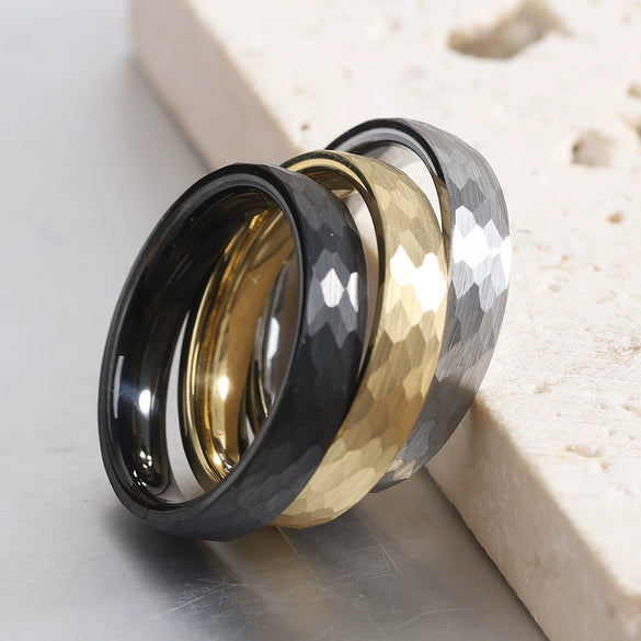 Unisex Tungsten Steel Ring With Faceted Geometric Fish Scale Hammered Pattern And Electroplated Finish