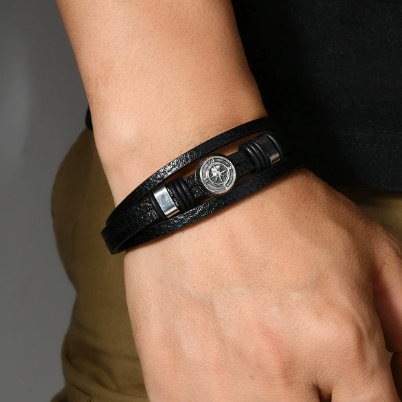 Unisex Vintage Punk Style Zinc Alloy Geometric Compass Magnetic Buckle Leather Bracelet With Electroplating