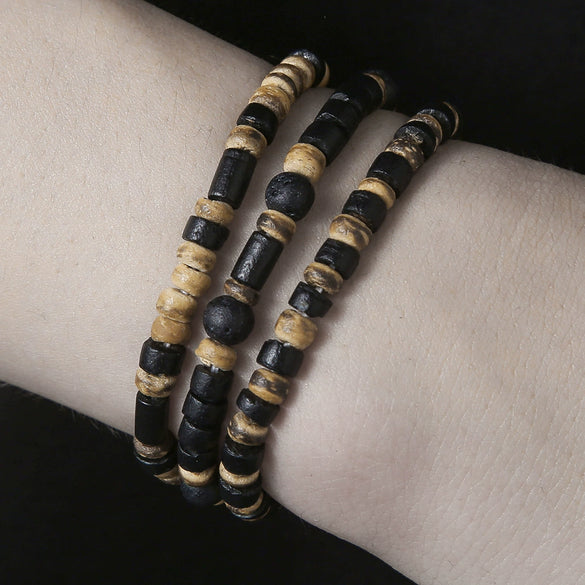 Unisex Wooden And Volcanic Stone Beaded Handmade Round Geometry Bracelet