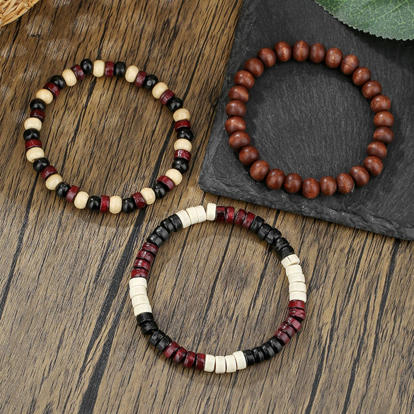 Unisex Wooden Geometric Handmade Beaded Bracelet Set