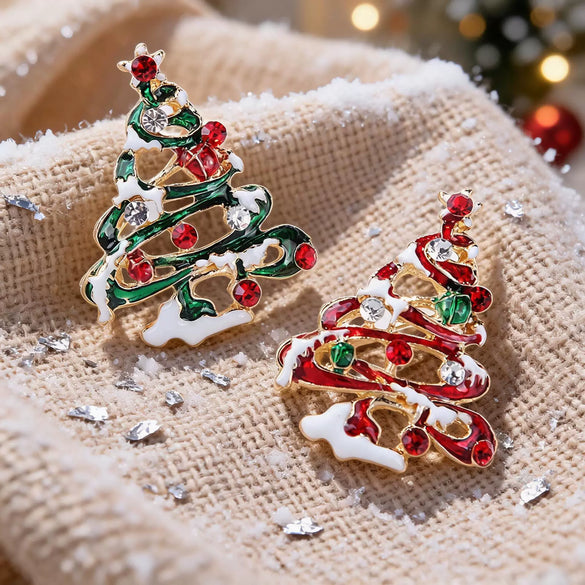 Unisex Zinc Alloy Christmas Tree Brooch With Enamel Rhinestone Accents And Dripping Oil Finish Festive Fashion Accessory