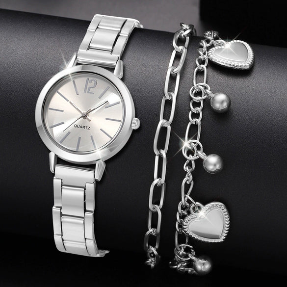 Universal Casual Alloy Case Round Dial Quartz Watch With Steel Band And Ordinary Glass Mirror
