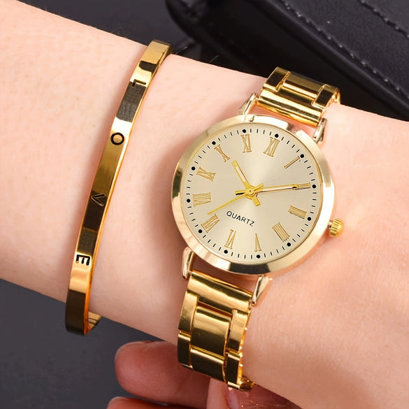 Universal Casual Alloy Case Round Dial Quartz Watch With Steel Band And Ordinary Glass Mirror