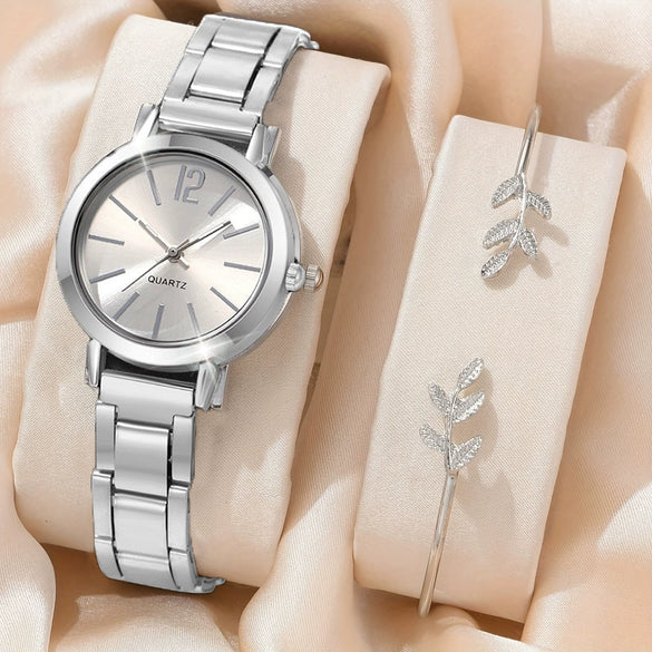 Universal Casual Alloy Case Round Dial Quartz Watch With Steel Band And Ordinary Glass Mirror