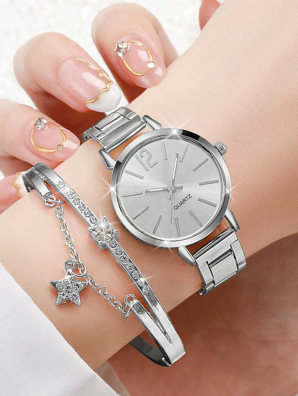 Universal Casual Alloy Case Round Dial Quartz Watch With Steel Band And Ordinary Glass Mirror